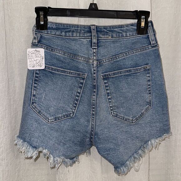 free people 24 crvy High Rise Blue Distressed Raw Fringe Hem Denim Shorts - Picture 3 of 14